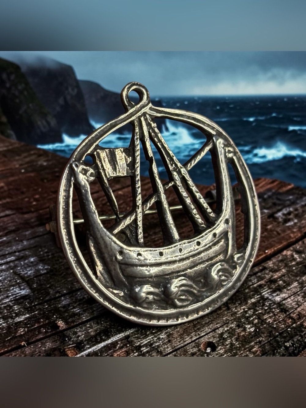 Vint Scottish Sterling Silver Viking Longship Brooch Pendant Waves Raised Mast